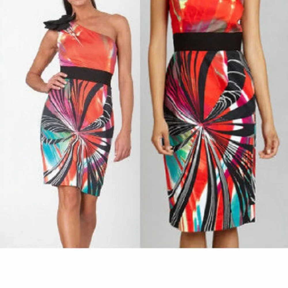 $285 NUE by SHANI Colorful Rosette One Shoulder 6   Perfect Cruise Dress